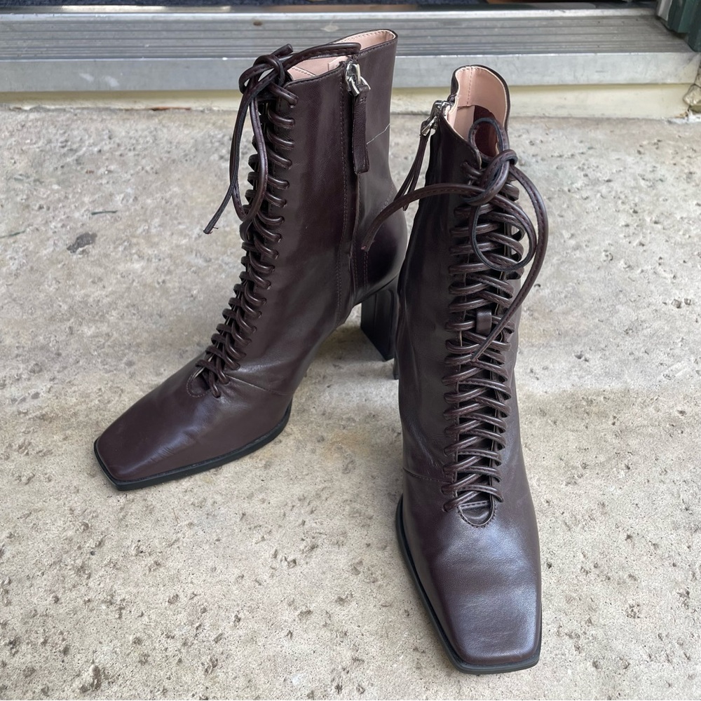 Zara leather Dark Brown Lace Up Mid Ankle Booties with Wide High Heel size 6